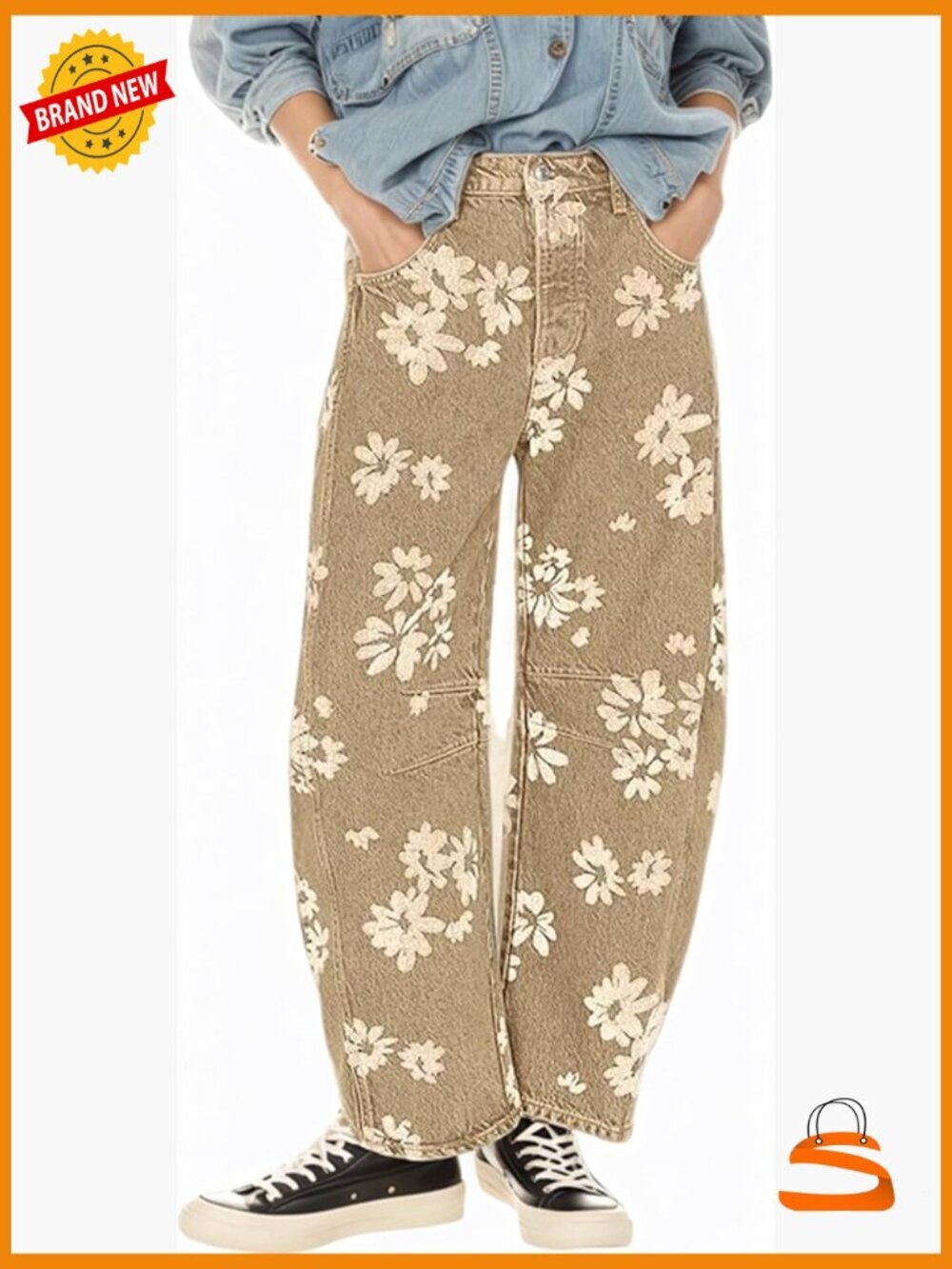 Barrel Jeans Baggy Mid-Low Rise Y2K Floral Leopard Printed Ankle Boyfriend Denim
